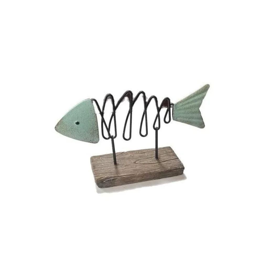 Distressed Coastal Nautical Teal Fish Metal with Wood Base Statue Sculpture